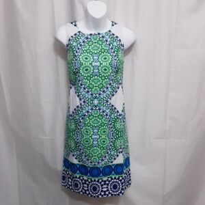 London Times Green and Blue Geometric Midi Dress